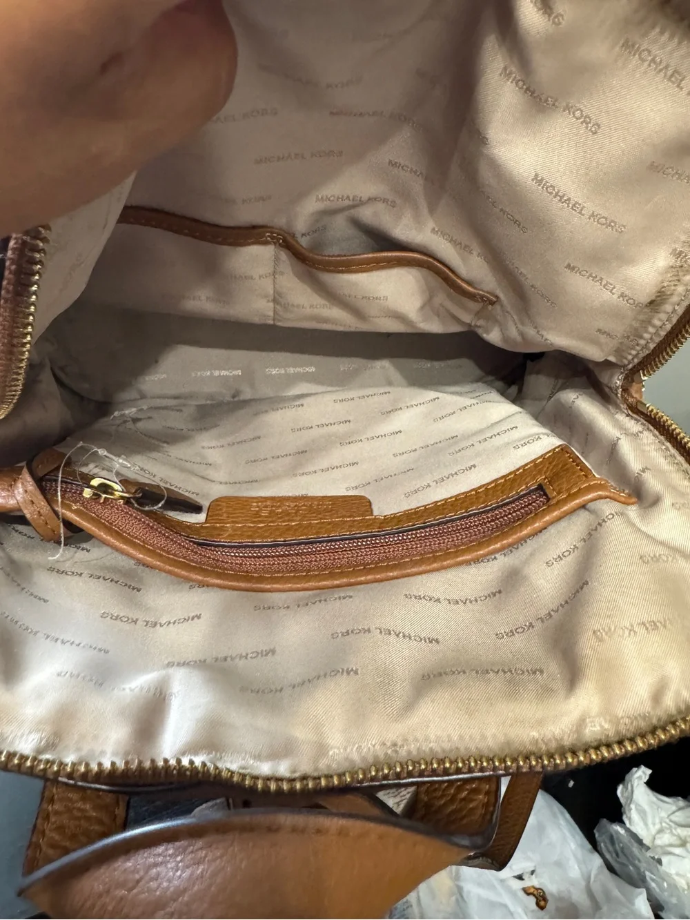 Michael Kors Rhea Pebbled Leather Slim Backpack And Wallet Luggage Tan